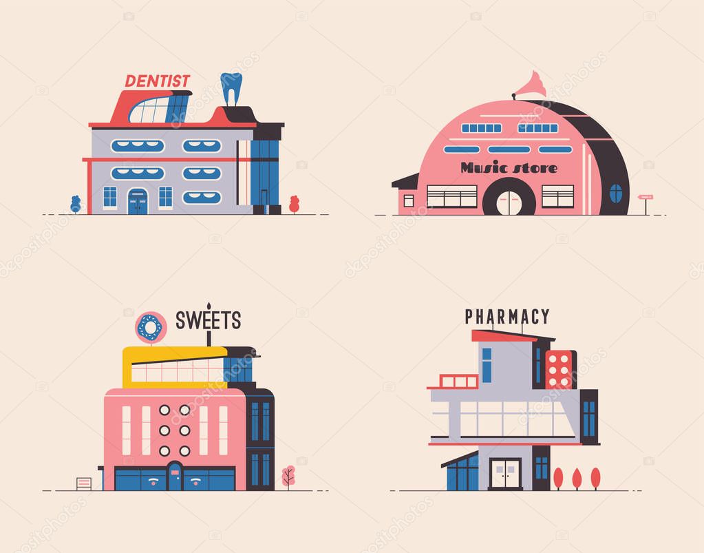 Dentist, music shop, sweets and pharmacy buildings. Flat vector illustration. Outdoor facade. Building design. For web and print. Orthogonal icon