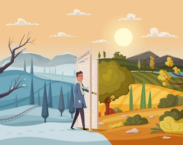 El hombre entra por la puerta abierta. Paisaje. Ilustración vectorial de dibujos animados. Cartel vintage. Bienvenido al verano . — Vector de stock