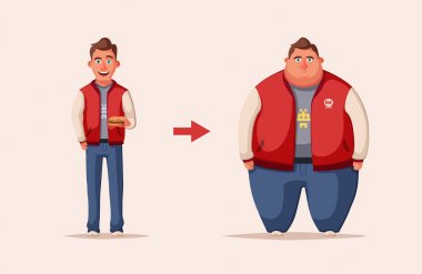 Üzgün şişman adam. Obez karakteri. Fatboy. Çizgi film vektör çizim.