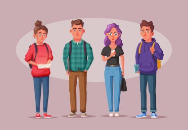 Mutlu öğrenciler kitap ve becerikli alet ile. Neşeli, güzel kızlar ve çocuklar çizgi film illüstrasyon vektör