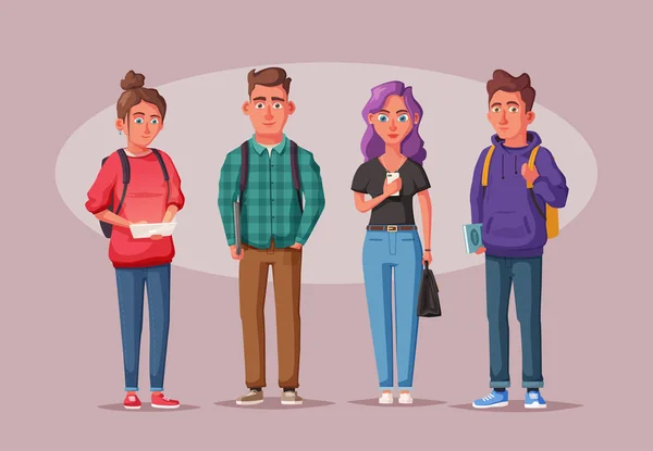 Mutlu öğrenciler kitap ve becerikli alet ile. Neşeli, güzel kızlar ve çocuklar çizgi film illüstrasyon vektör