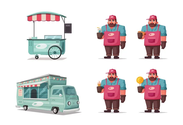 Comida callejera y bebidas divertido vendedor ambulante. Ilustración vectorial de dibujos animados. Vendedor o chef carácter — Vector de stock