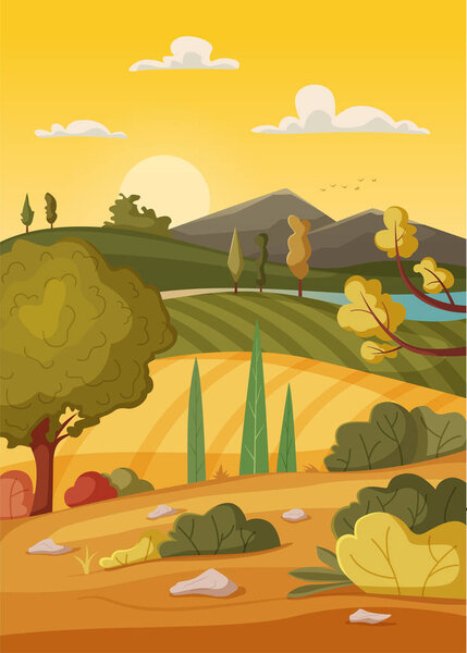 Valley landscape. Cartoon vector illustration. Vintage poster. Welcome to summer