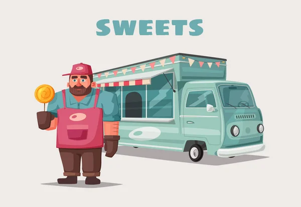 Carrinha de comida de rua retro. Personagem de vendedor engraçado. Desenhos animados ilustração vetorial . —  Vetores de Stock
