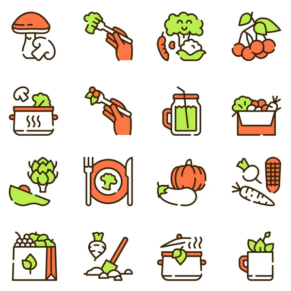 Vegetariska produkter färg linjära ikoner som — Stock vektor