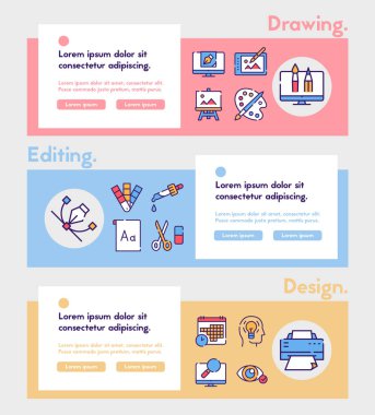 Grafik tasarım stüdyo renk doğrusal simgeleri ayarlandı