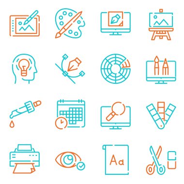 Grafik tasarım stüdyo renk doğrusal simgeleri ayarlandı