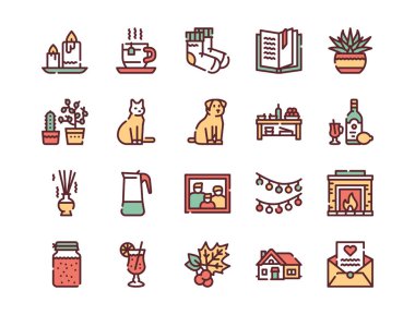 Hygge renk doğrusal simgeleri ayarlandı