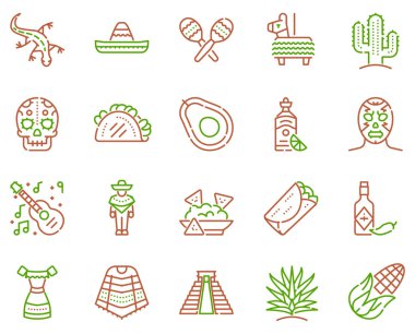 Meksika ögeleri renk doğrusal simgeleri ayarlandı