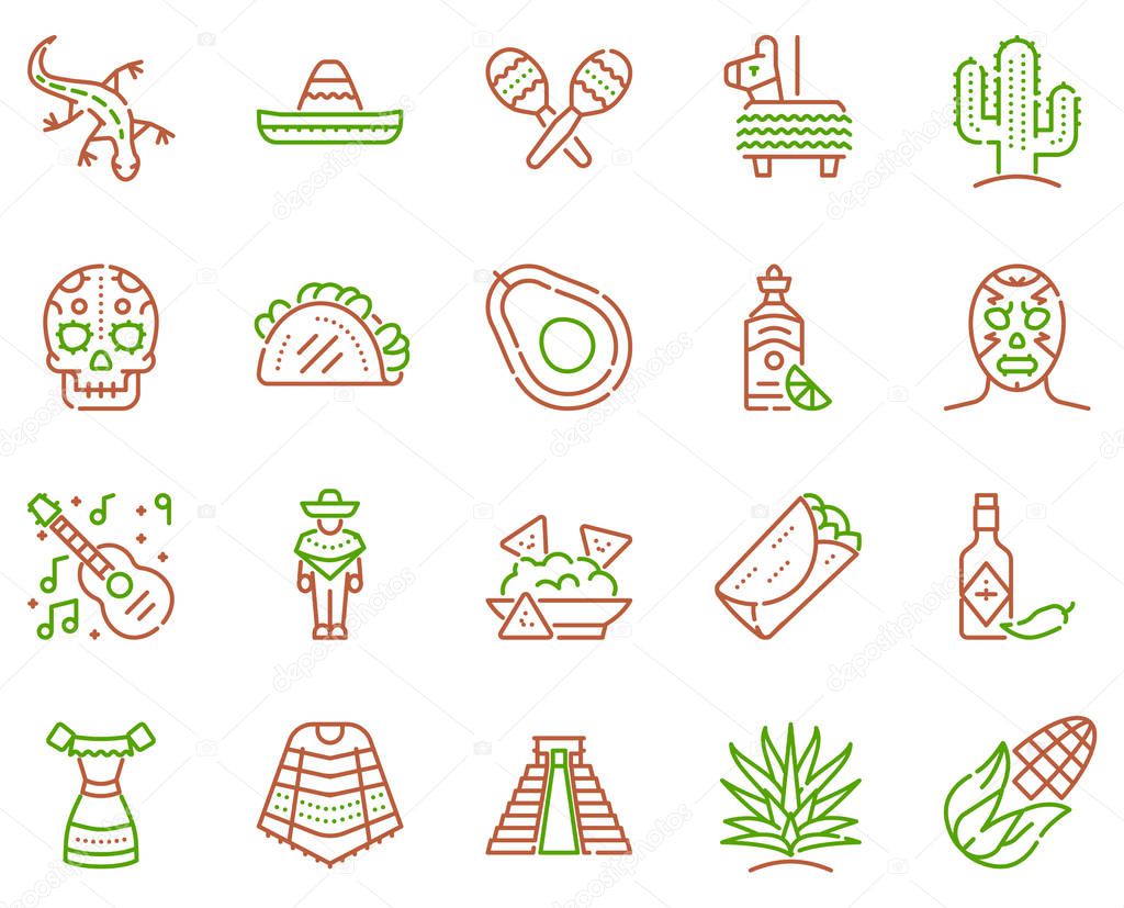 Mexico items color linear icons set