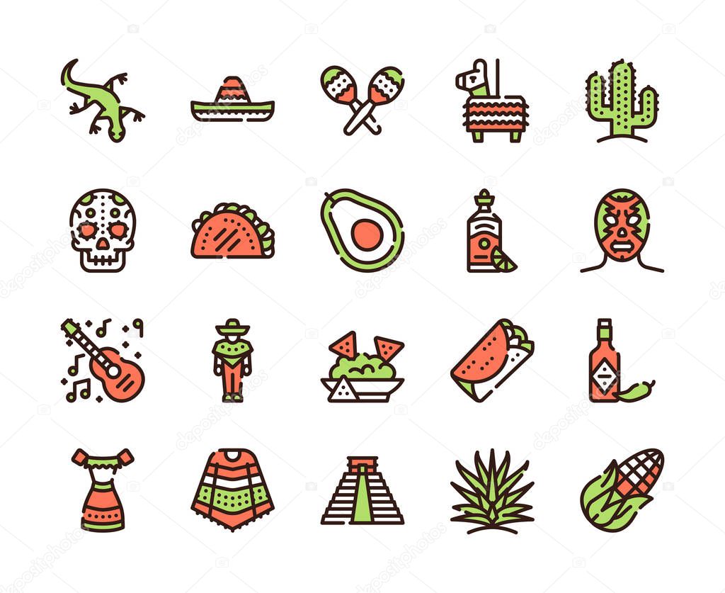 Mexico items color linear icons set