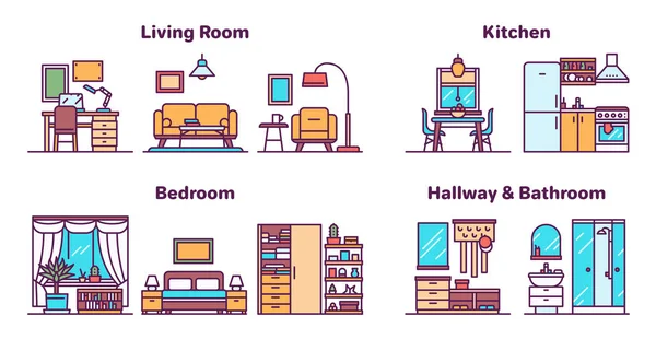House rooms types color icons vector set — 스톡 벡터