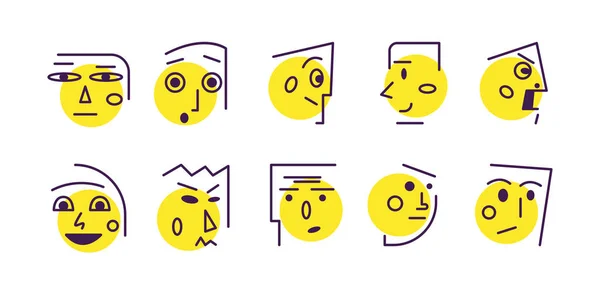 Conjunto de caras lineales y emociones. Ilustración vectorial plana. Colección de iconos — Archivo Imágenes Vectoriales