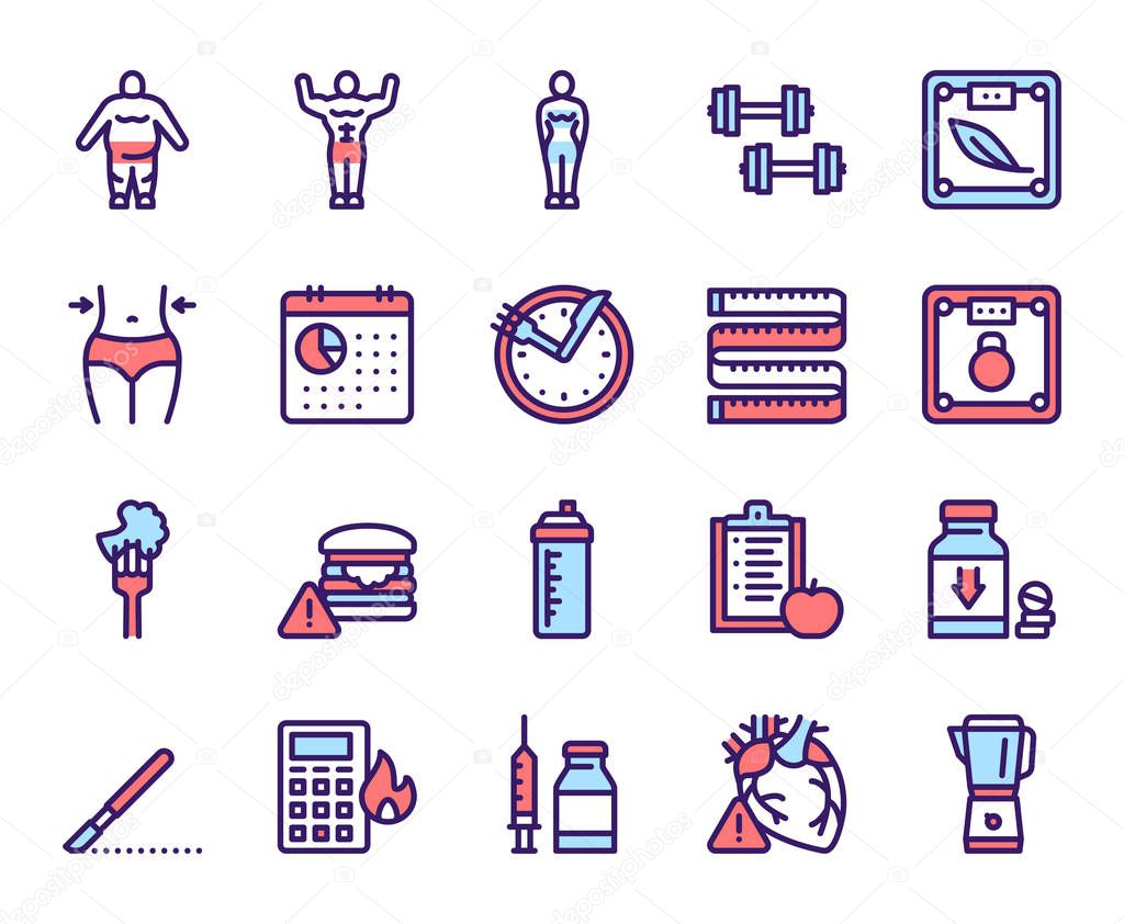 Weight loss color linear vector icons set