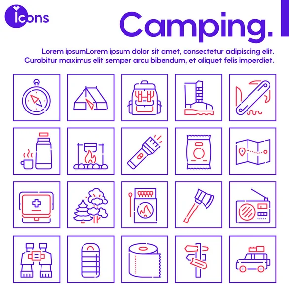 Σύνολο γραμμικών εικονιδίων χρώματος camping — Διανυσματικό Αρχείο