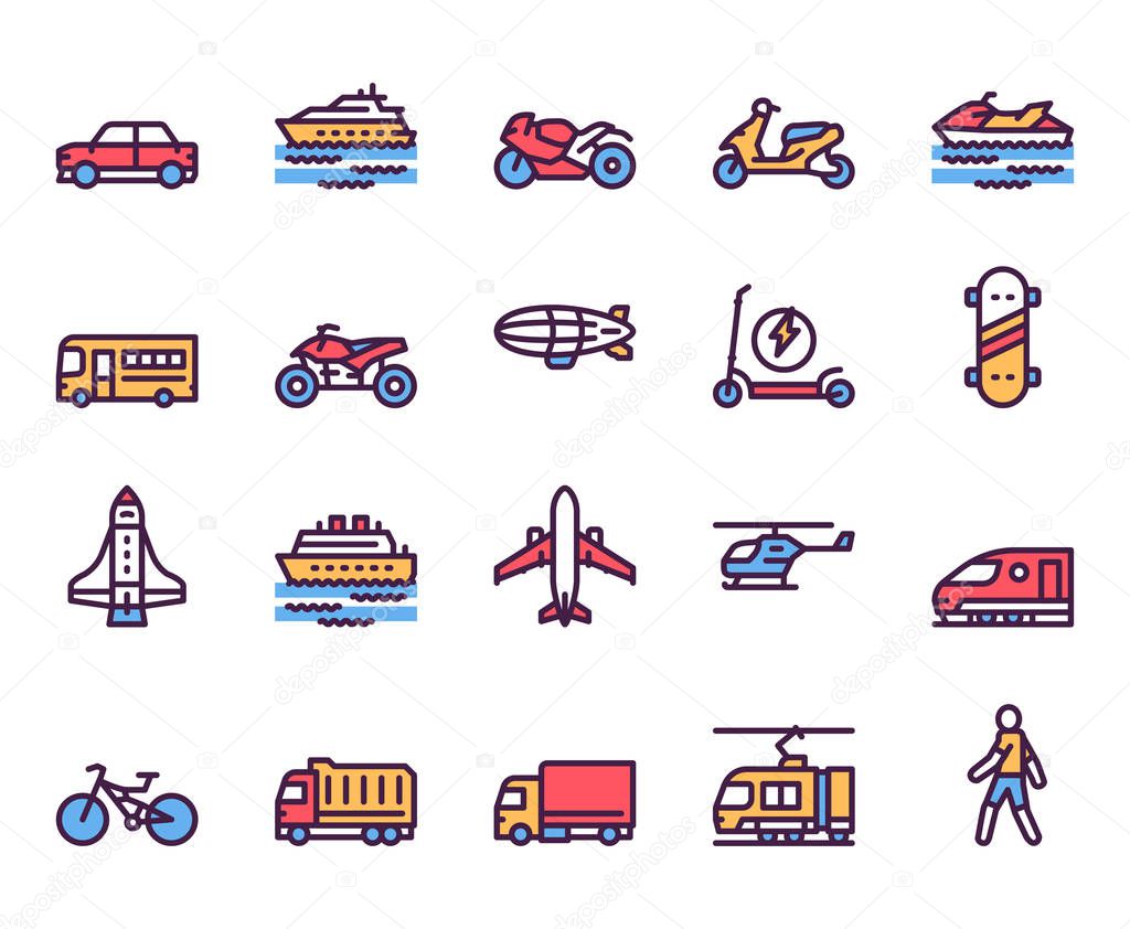 Transport types linear color vector icons set