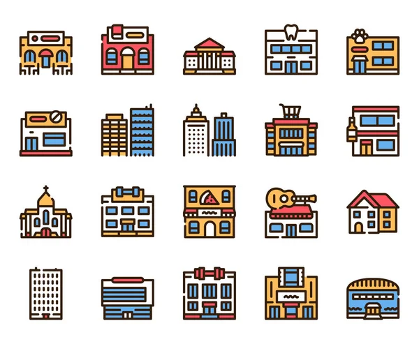 Localizaciones de la ciudad color iconos lineales vector conjunto — Vector de stock