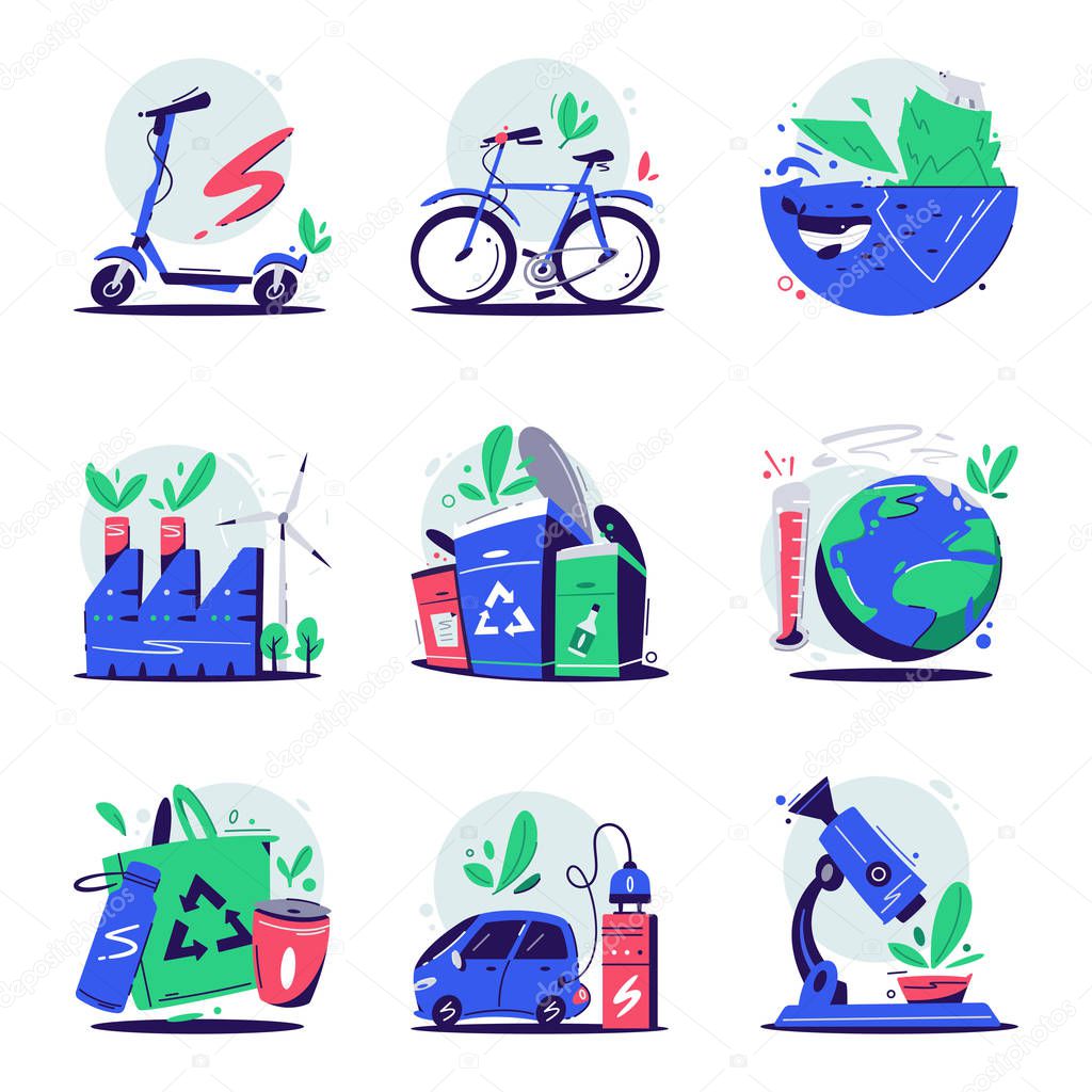 Eco concept. Cartoon vector illustration. Ecology icon or logo set. Planet safety. Global warming