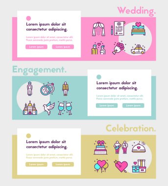 Düğün renk doğrusal vektör simgeleri ayarlandı. Sonsuza dek aşk