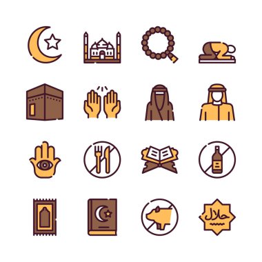 Müslüman renk doğrusal vektör simgeleri ayarlandı.
