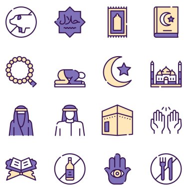 Müslüman renk doğrusal vektör simgeleri ayarlandı.