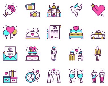 Düğün renk doğrusal vektör simgeleri ayarlandı. Sonsuza dek aşk