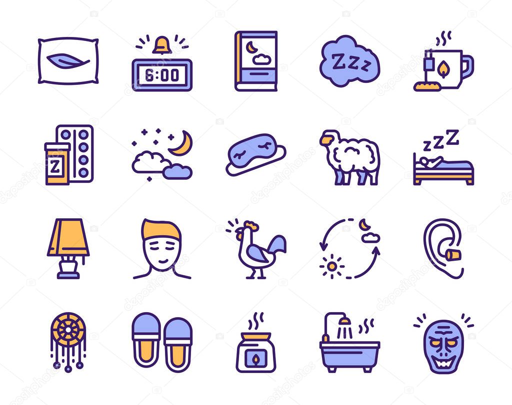Sleep and insomnia color linear vector icons set. Pillow, sleeping pills, count sheep, bad dream, relax. Rest in hotel.