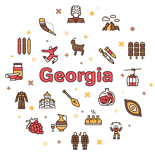 Georgia color linear icon set. Georgian culture, food and traditions