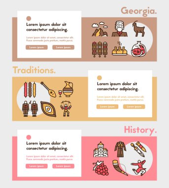 Georgia renk doğrusal simgesi seti. Gürcistan kültürü, yiyeceği ve gelenekleri
