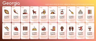 Georgia renk doğrusal simgesi seti. Gürcistan kültürü, yiyeceği ve gelenekleri