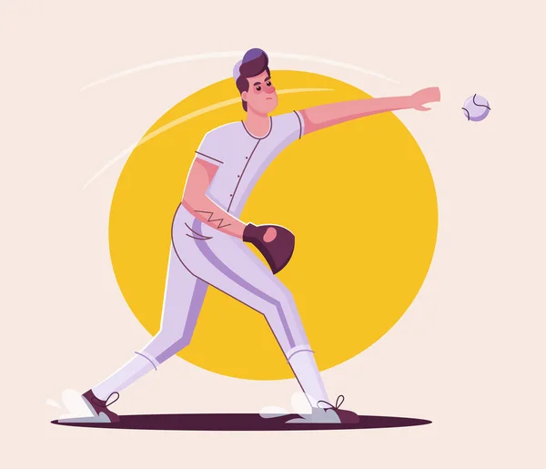 O jogador de basebol está a treinar. Desenho de caracteres. Desenhos animados ilustração plana —  Vetores de Stock