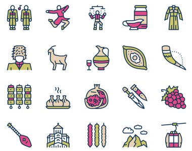 Georgia color linear icon set. Georgian culture, food and traditions clipart