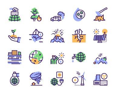 İklim değişikliği ve küresel ısınma renk doğrusal simge kümesi. Doğal afet ve ekoloji kavramı