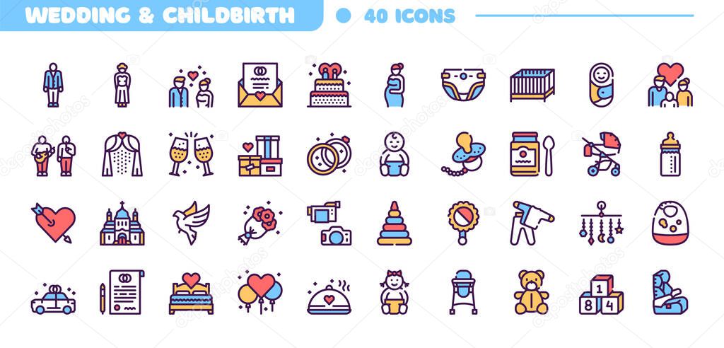 Birth of a child color linear vector icons set.