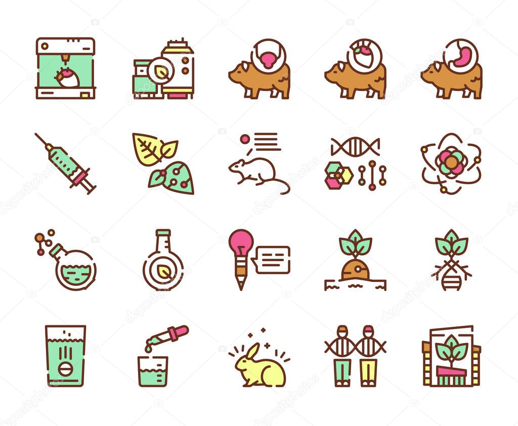 Bio technologies color linear vector icons set. Biotech concept. Editable stroke