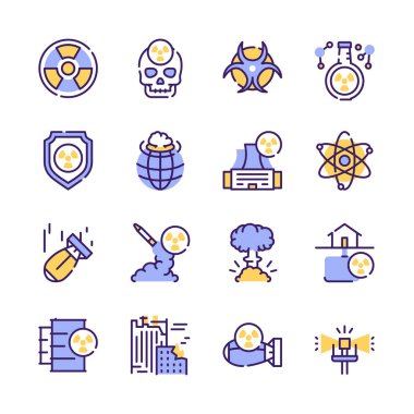 Nükleer renk doğrusal simge seti. Düzenlenebilir felç. Füze, radyoaktif, barınak, bomba etkisi