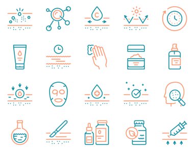 Kozmetoloji ve cilt bakımı renk doğrusal simge seti. 24 saat yüz koruma programı