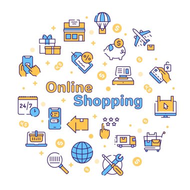 Çevrimiçi alışveriş simgeleri beyaz arkaplanda ayarlandı