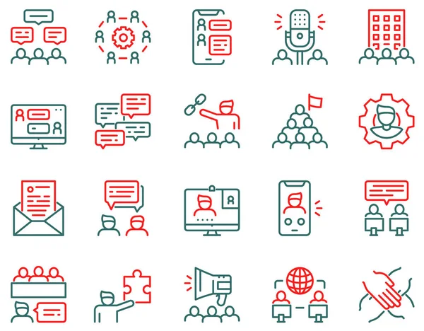 Conjunto de iconos lineales vectoriales relacionados con el trabajo en equipo. Concepto de comunicación . — Vector de stock