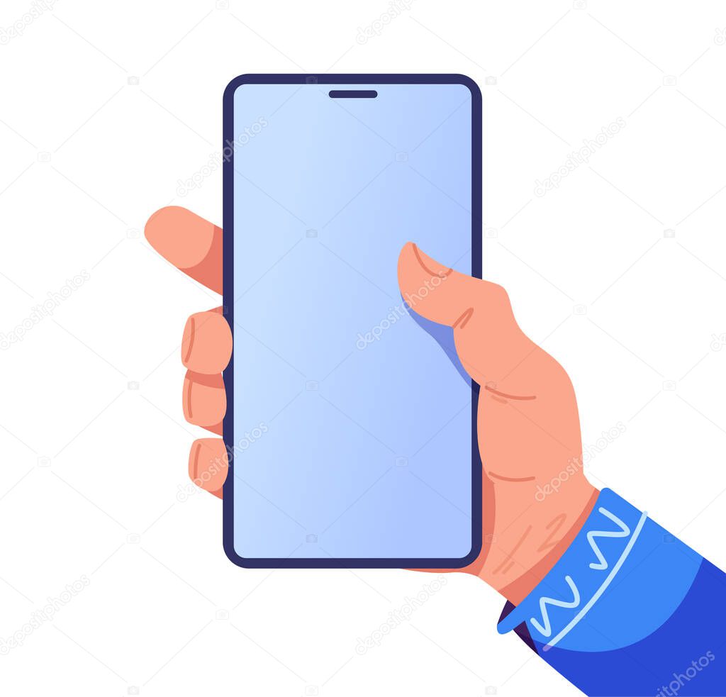 Touching phone. Phone in hand, finger clicks on the touchscreen. Cartoon vector illustration. Blank template smartphone