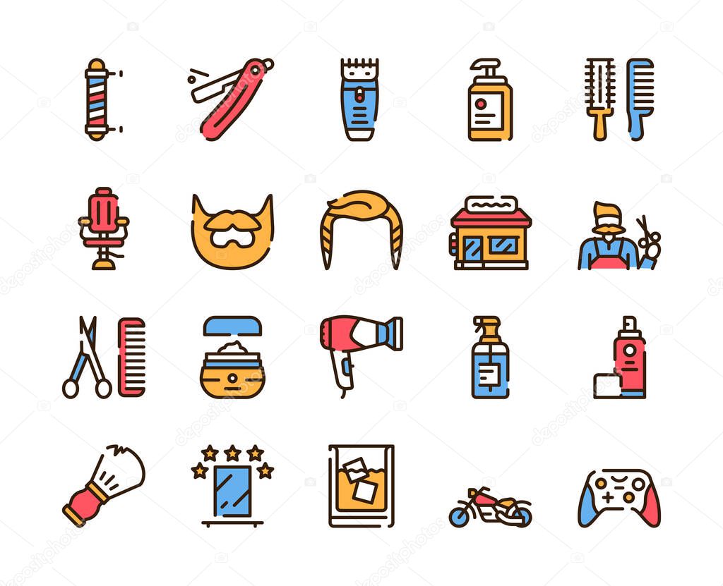 Barbershop outline icons set on white background