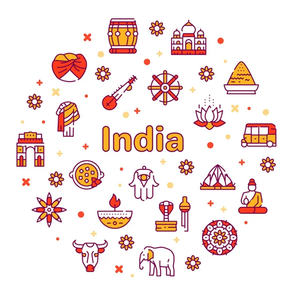 Vector color line icon round set India culture — Stock Vector