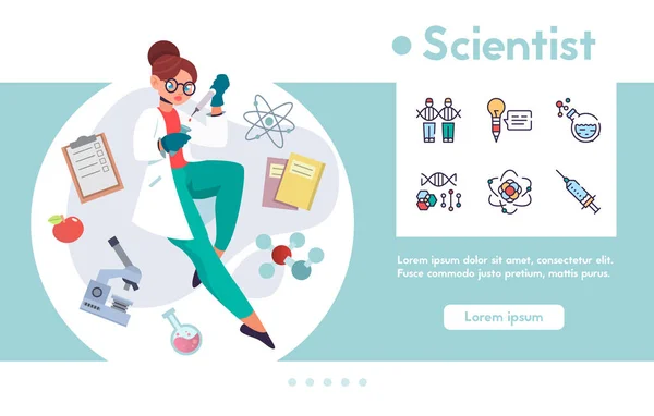 Vector banner scientist and linear icons set — Stock Vector