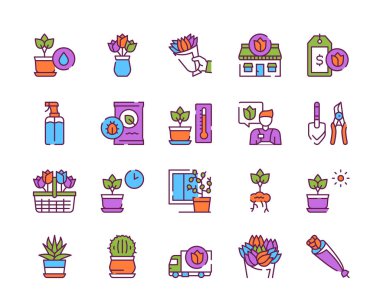 Çiçekler renk doğrusal vektör simgesi seti