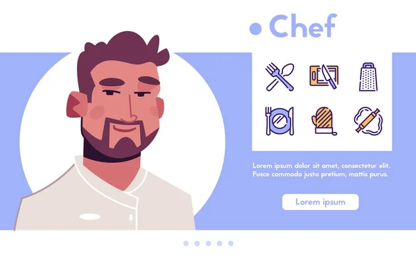 Vector banner chef in restaurant, linear icon set — Stock Vector