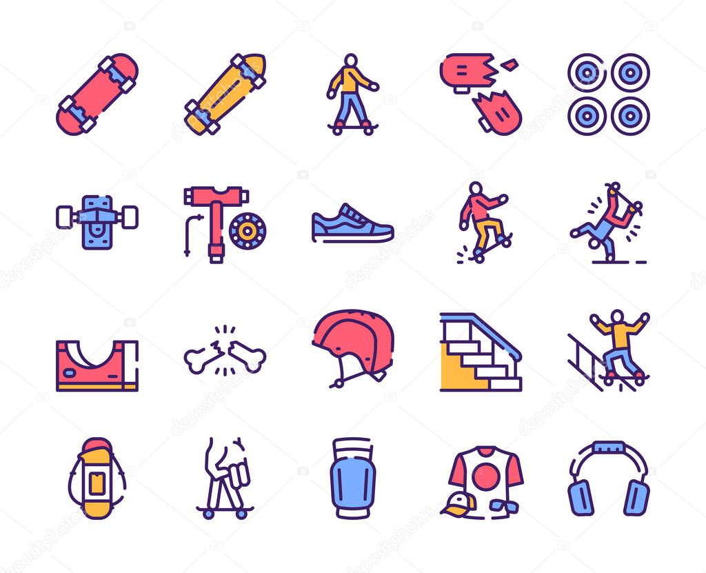 Skateboarding symbols color linear vector icon set