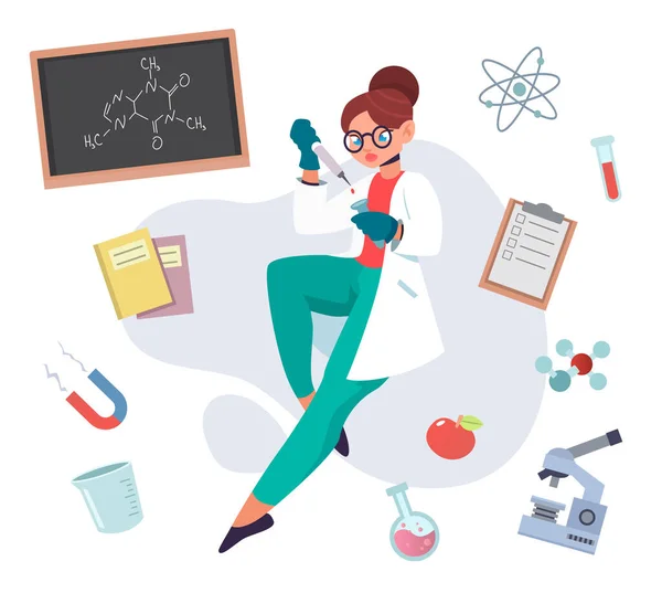 Vector illustration of woman scientist tools set — Stock Vector