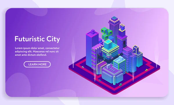 Banner vectorial isométrico del concepto futurista de ciudad — Vector de stock