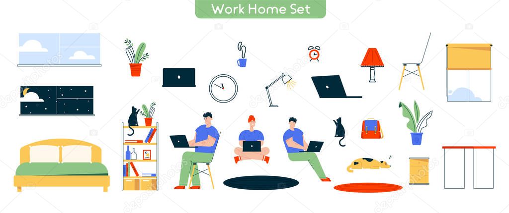 Vector character illustration of work at home set