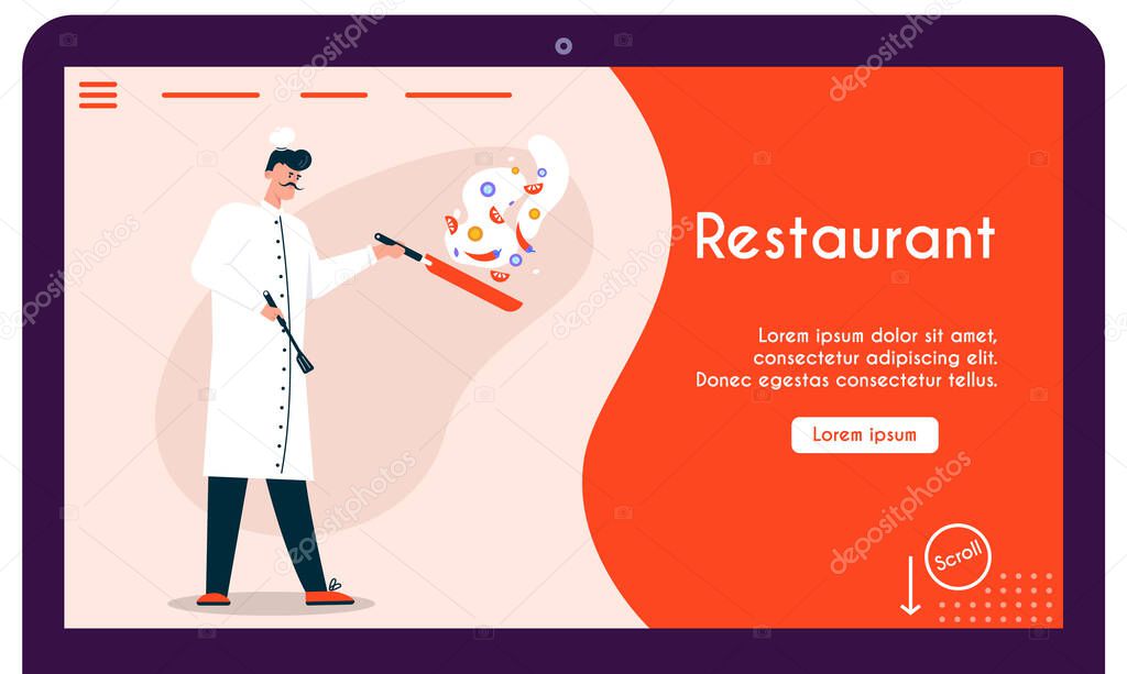 Vector banner illustration of chef cooking at restaurant